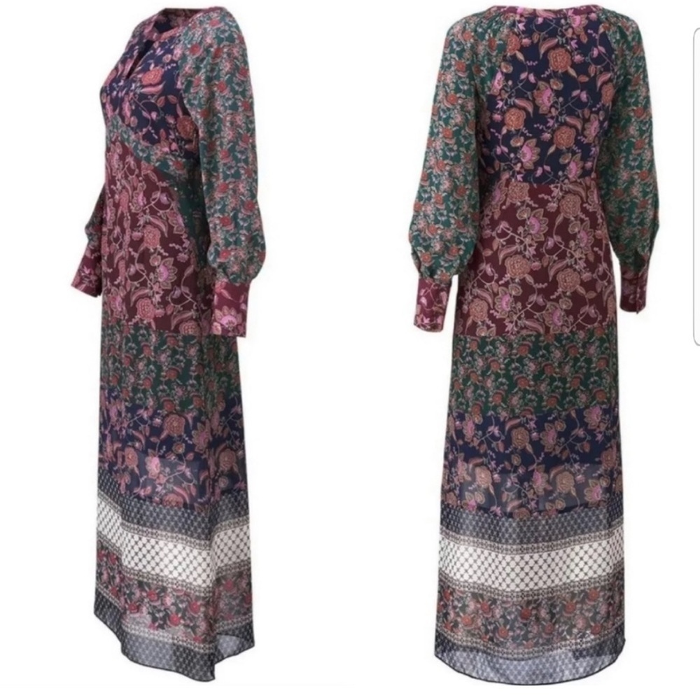 Cabi Womens Size S Festive Retro Floral Boho Patchwork‎ Long Sleeve Maxi Dress